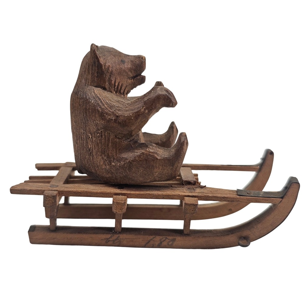 Black Forest Bear on Sled Figurine Antique‎ 1920s linden Wood Hand Carved 3in